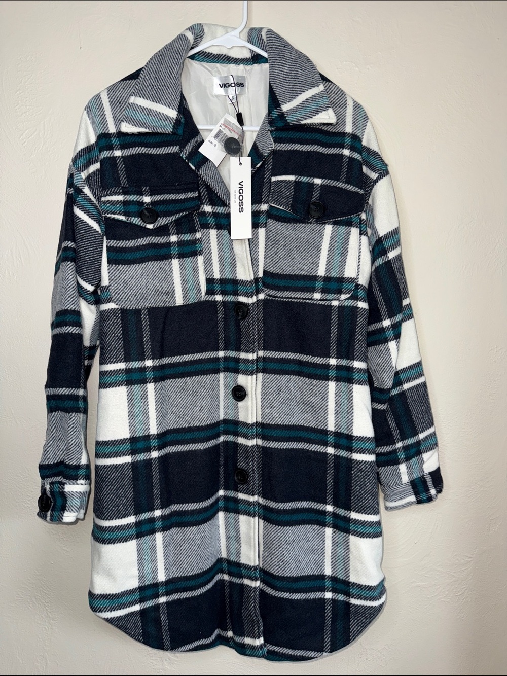 NWT Vigoss Plaid Shacket Coat Size Small Blue Teal Black Overshirt